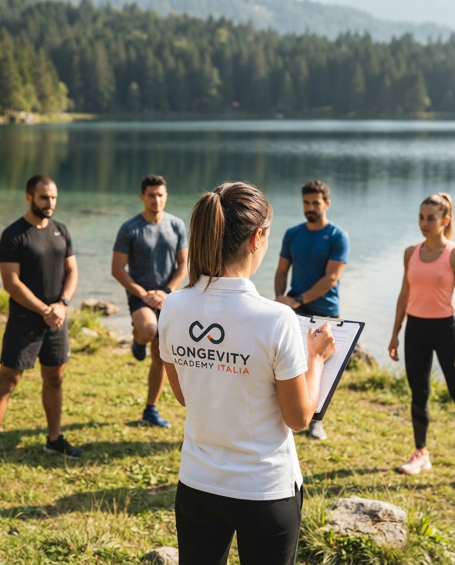 Coach Longevity Academy con gruppo in attività outdoor sul lago
