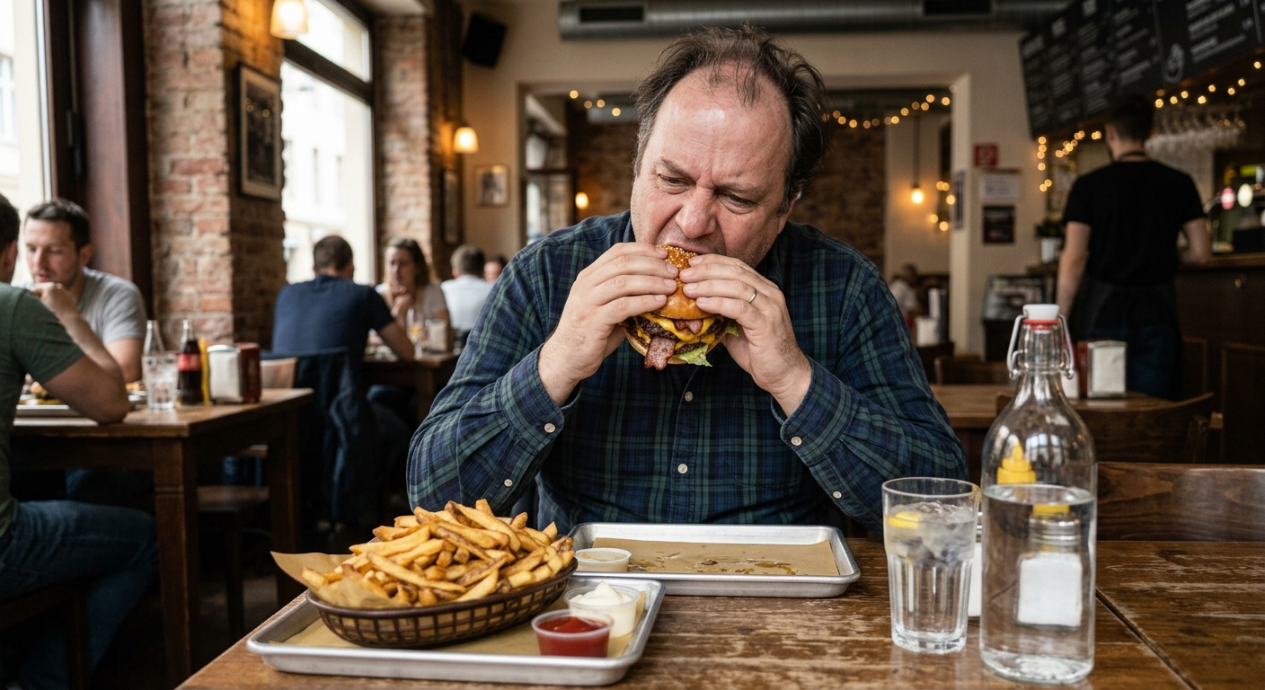 Uomo che mangia junk food — alimentazione fuori equilibrio