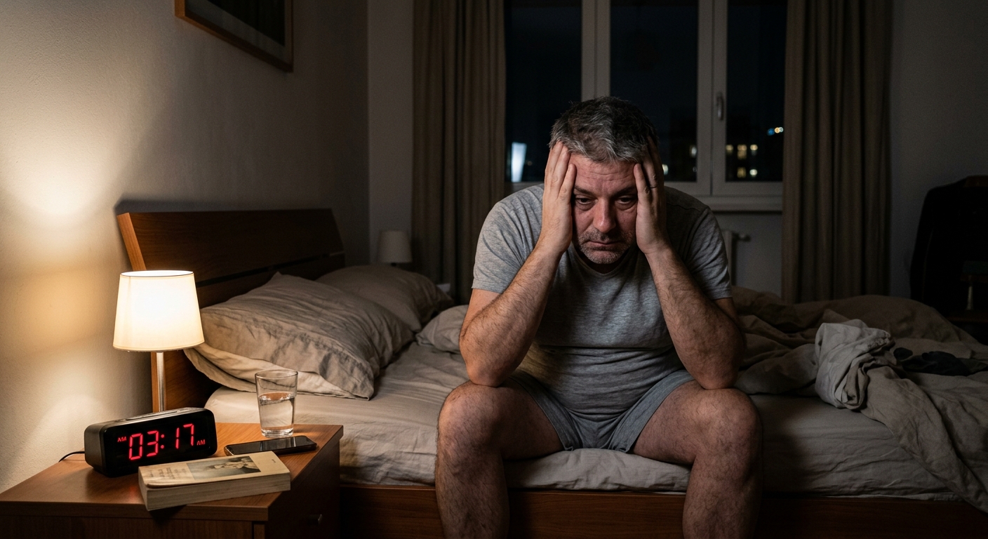 Uomo di mezza età sveglio nella notte — sonno non rigenerante