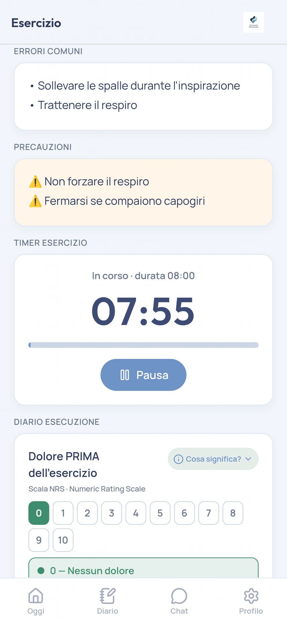 Dettaglio esercizio con scala dolore