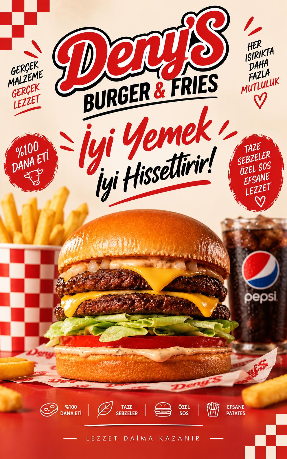Deny's çift katlı cheeseburger, patates kızartması ve Pepsi