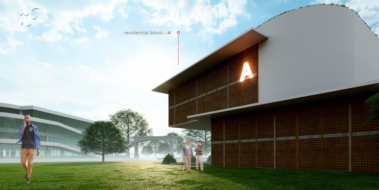 Golden Age Community — Residential Block A — timber-screened facade with backlit signage