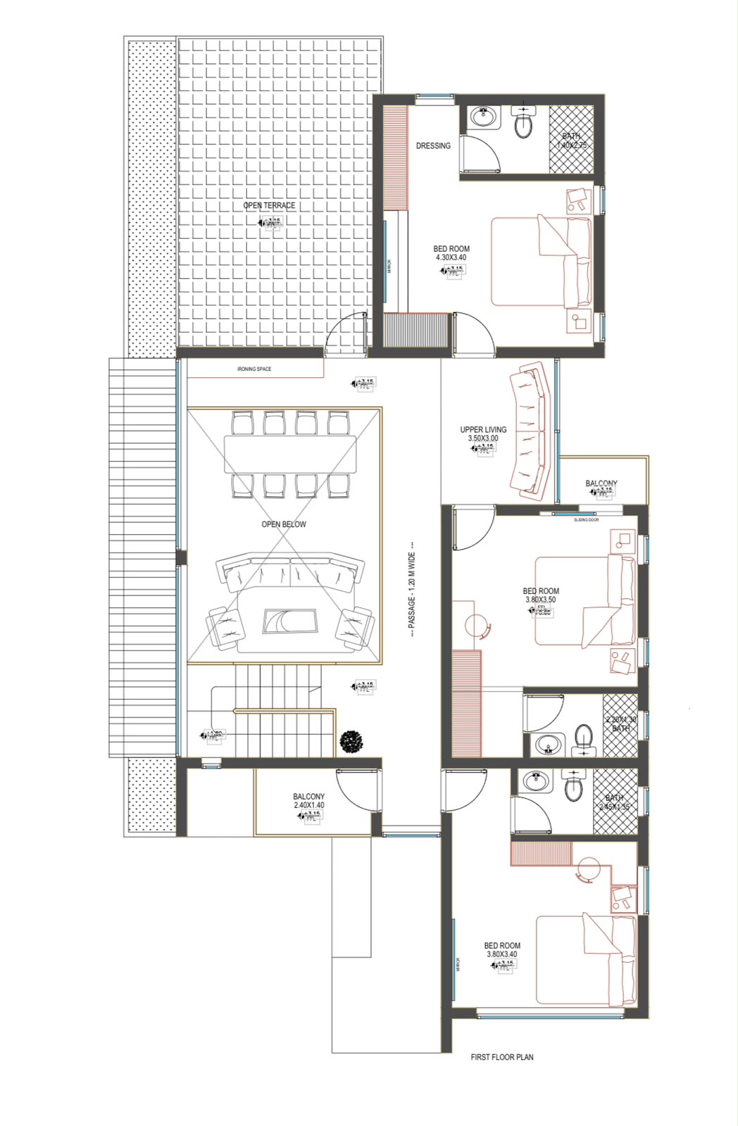 Mr. Hashim Residence — First floor plan — bedrooms, upper living and open terrace