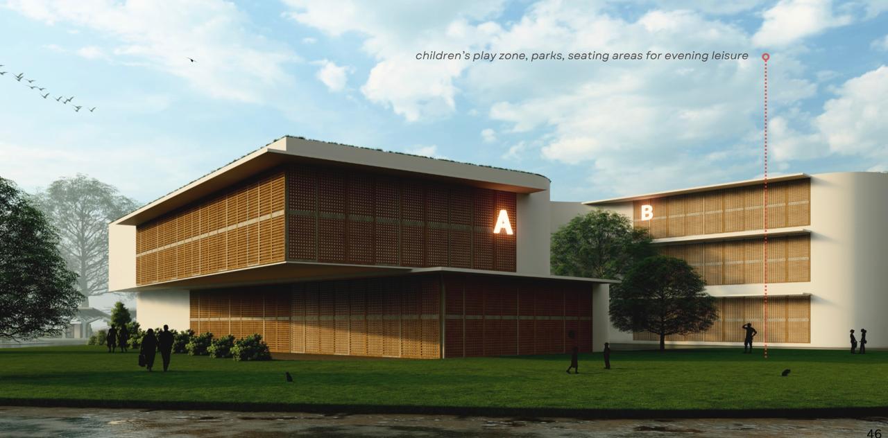 Golden Age Community — Cantilevered lounge with views towards the commercial spine