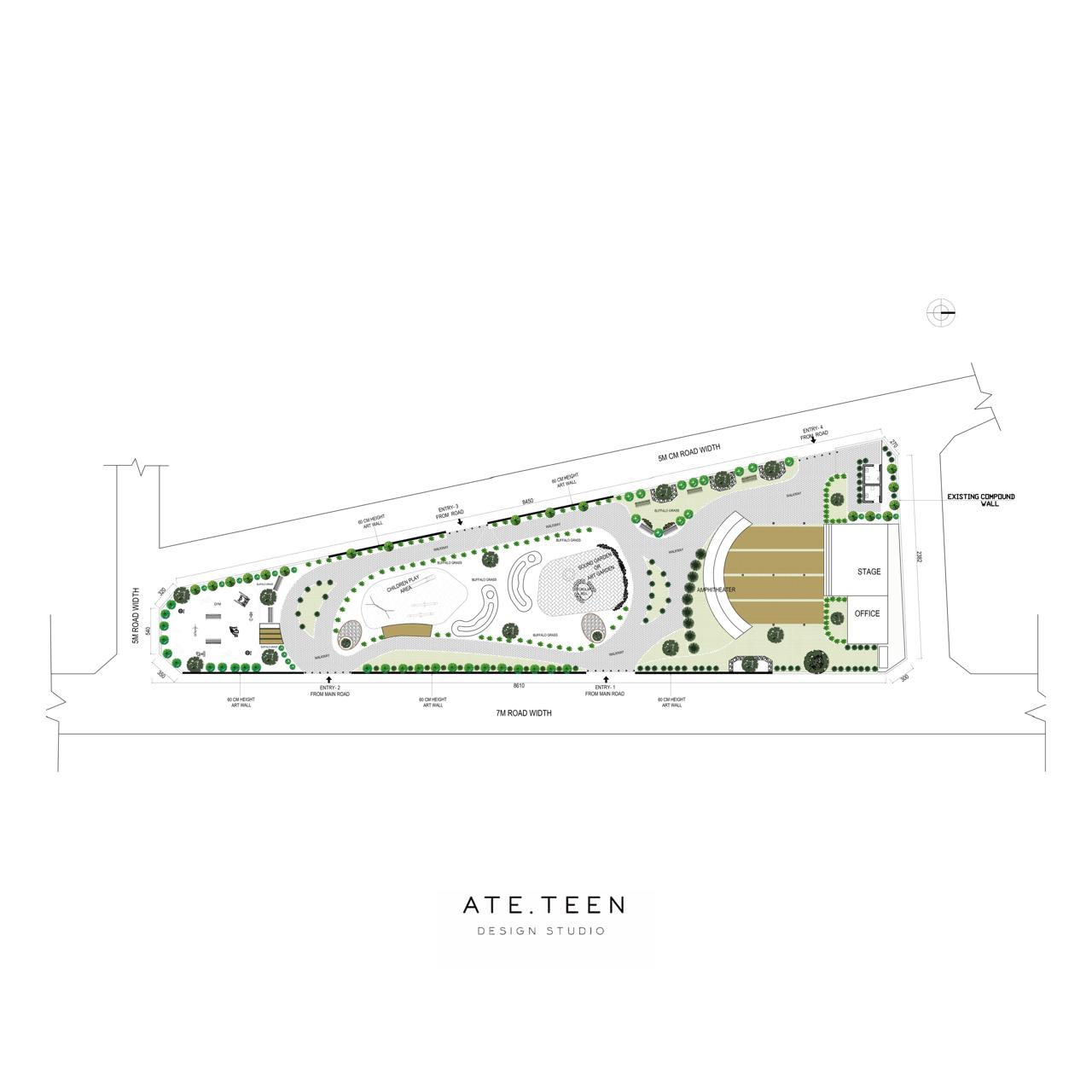 Ground Gallery Park — Master site plan — entries, play, sound garden, amphitheatre and stage