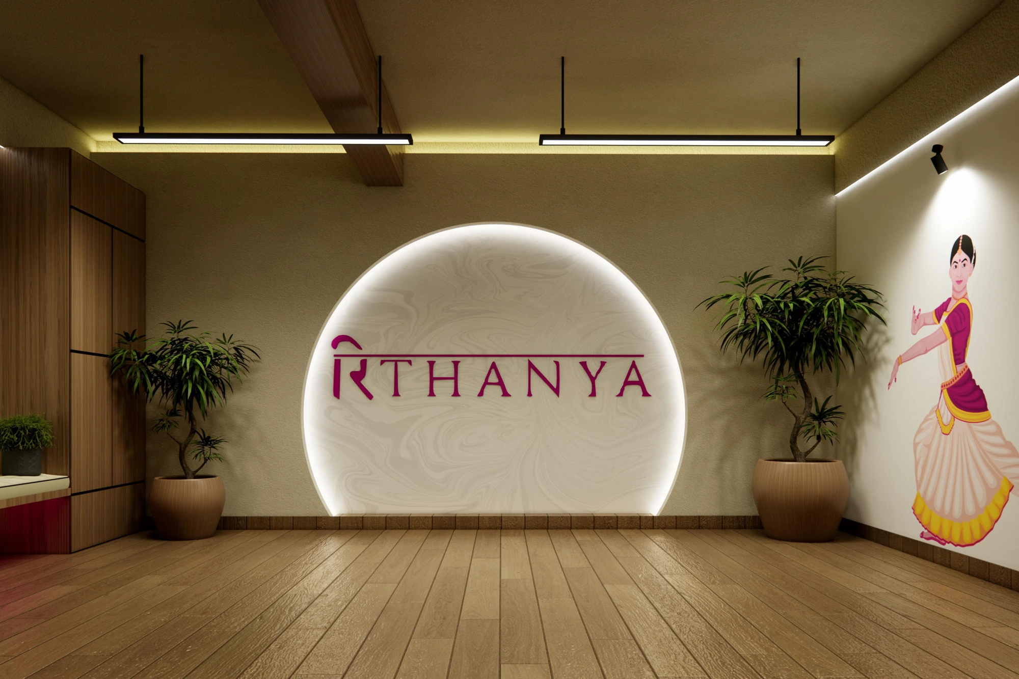 Rithanya Natya Kshetra — Teak-clad seating with pink ritual accent