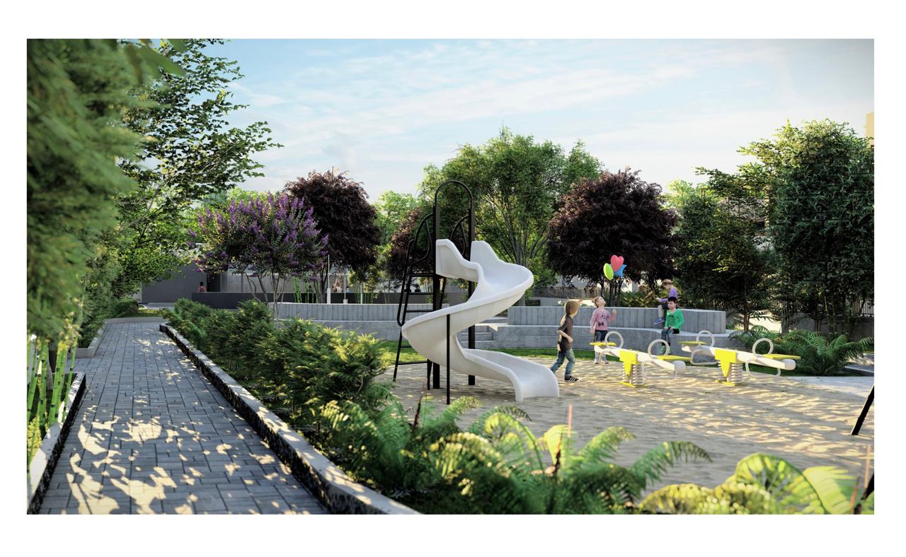 Ground Gallery Park — Children's play area — spiral slide, see-saws and shaded pergola