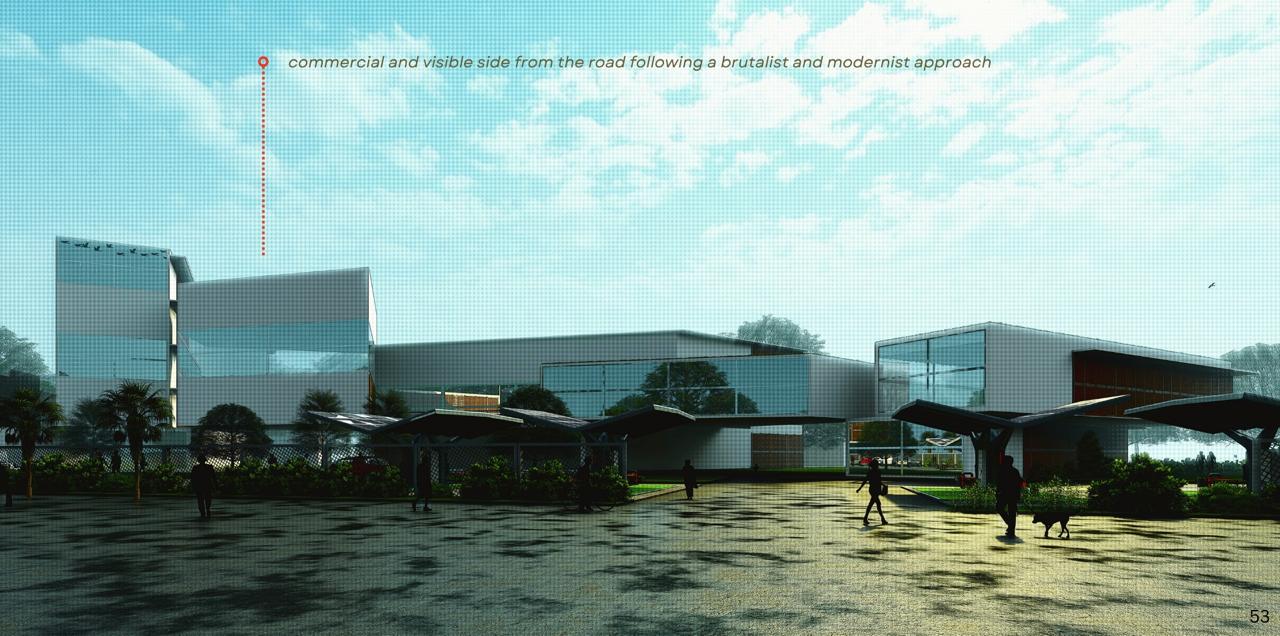 Golden Age Community — Road-facing edge — a brutalist, modernist civic frontage