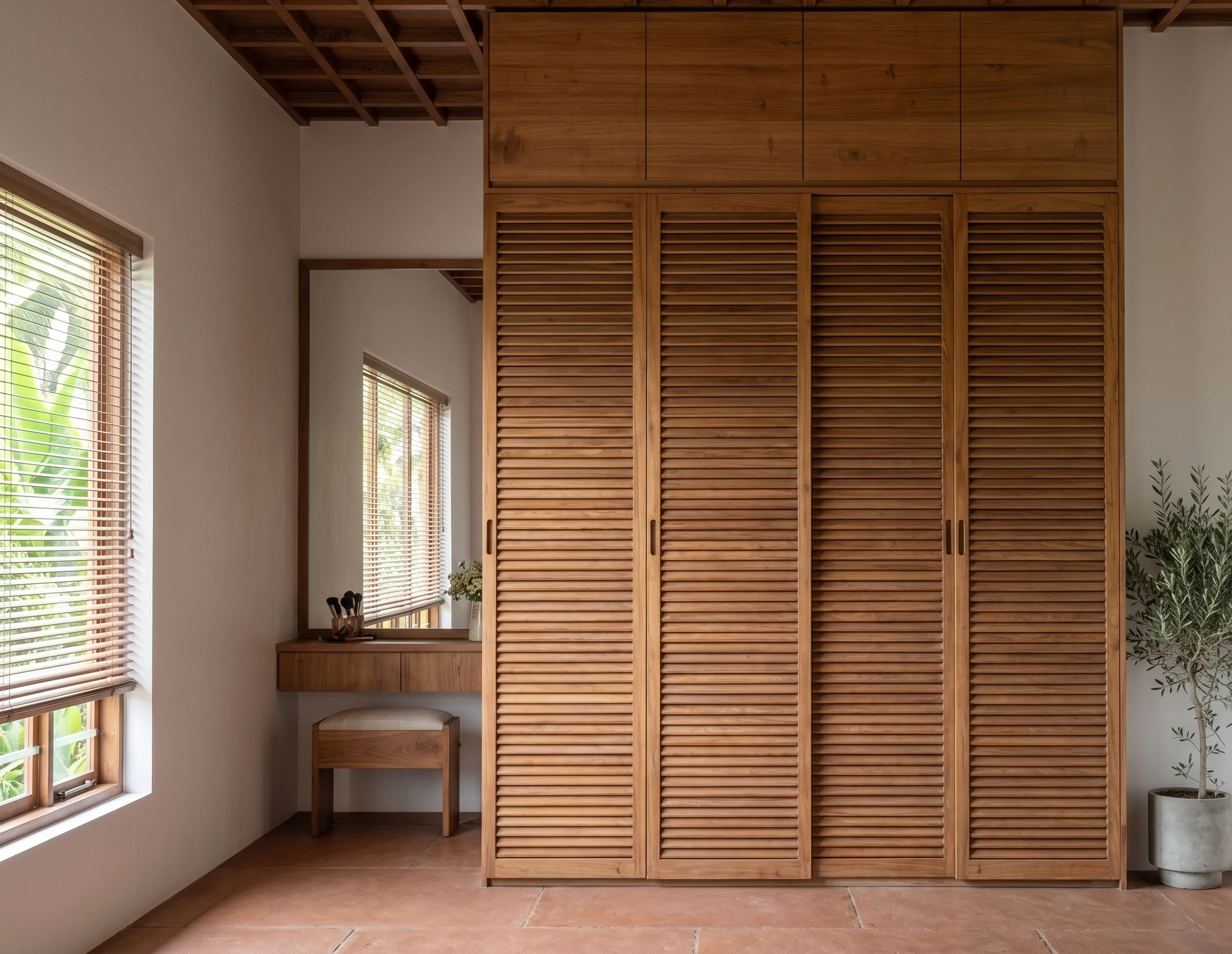 Mr. Vishnudeth Residence — Louvered teak wardrobes and a quiet vanity nook