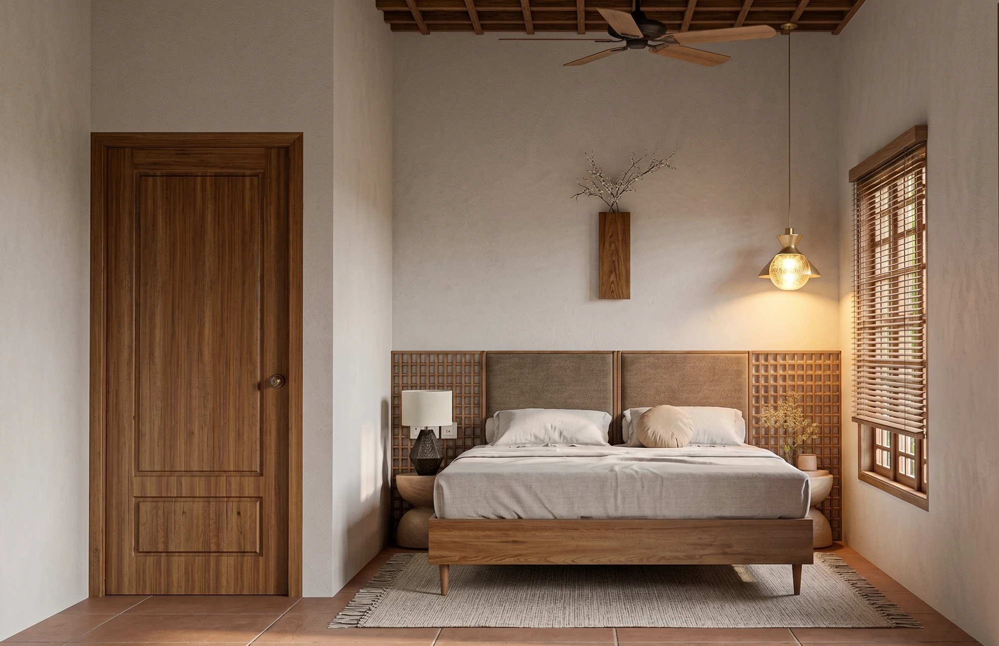 Mr. Vishnudeth Residence — Master bedroom — lattice headboard beneath the woven ceiling