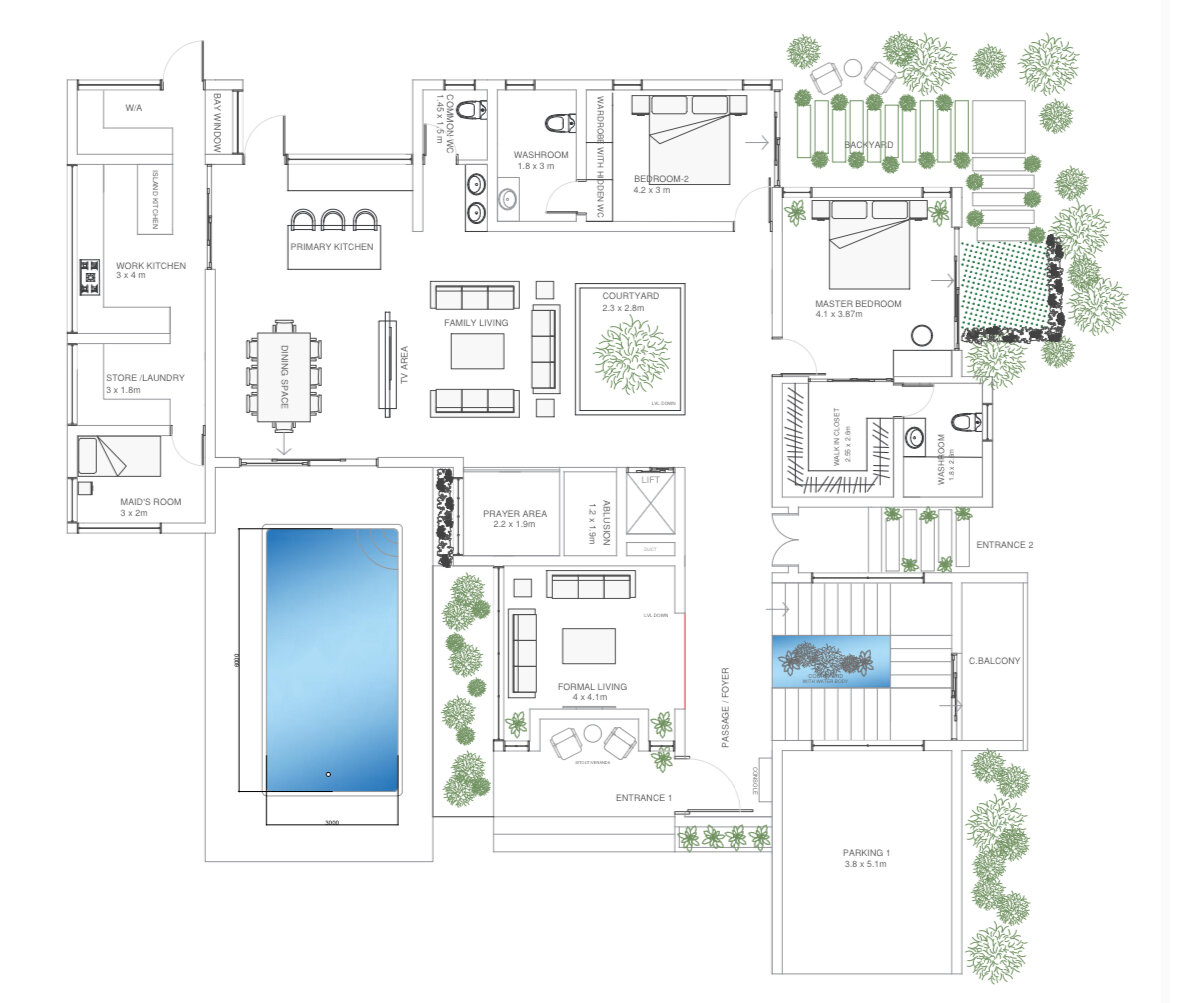 Monsoon Villa — First floor plan — bedrooms 3–5, upper living, terrace and pool