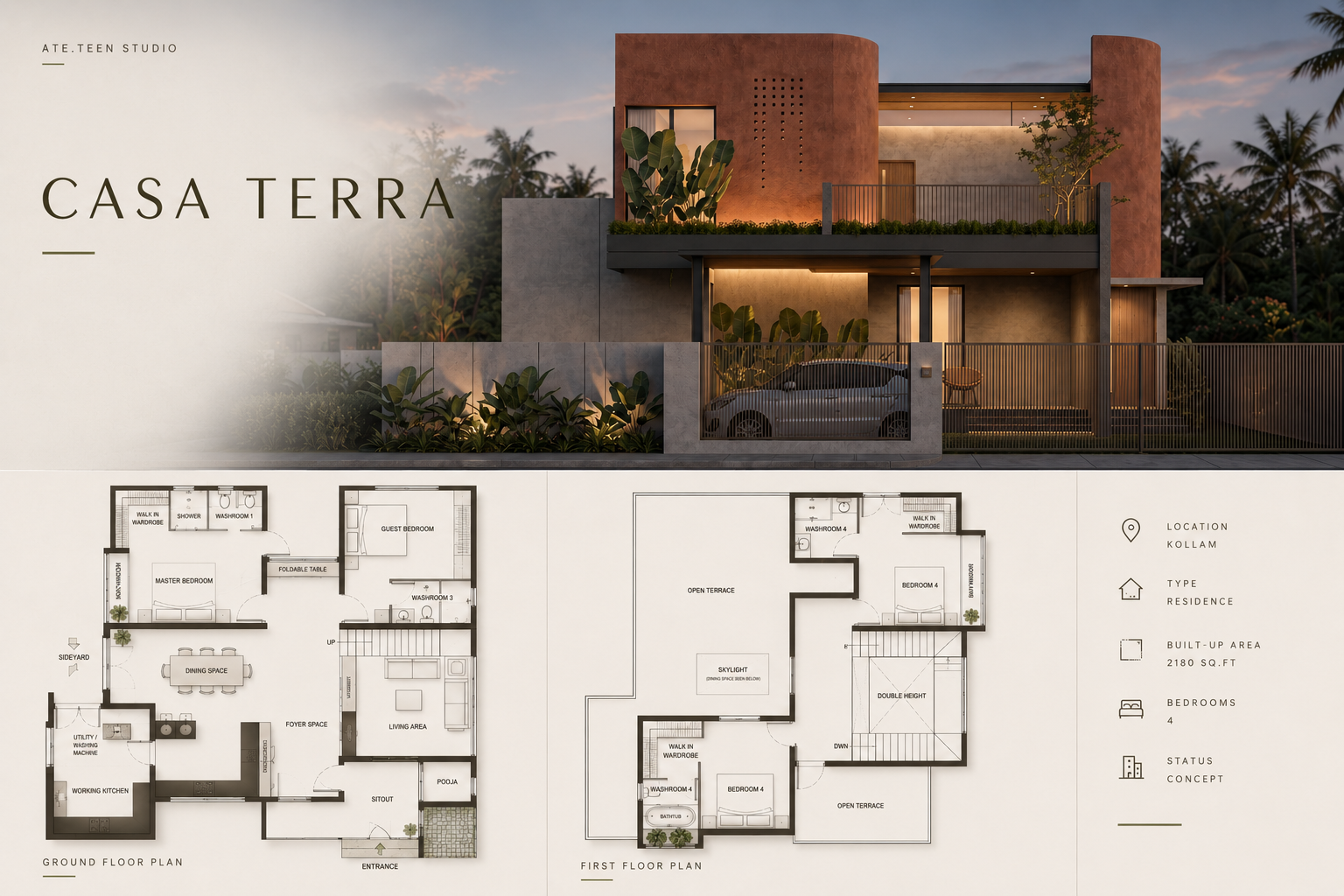 Casa Terra — Design perspective — terracotta volumes over a cement plinth