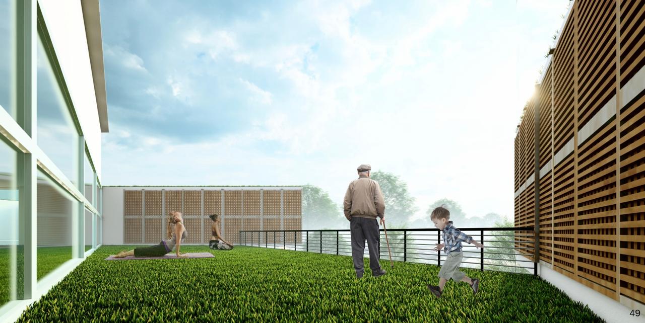 Golden Age Community — Green rooftop garden — yoga at dawn, grandchildren at dusk