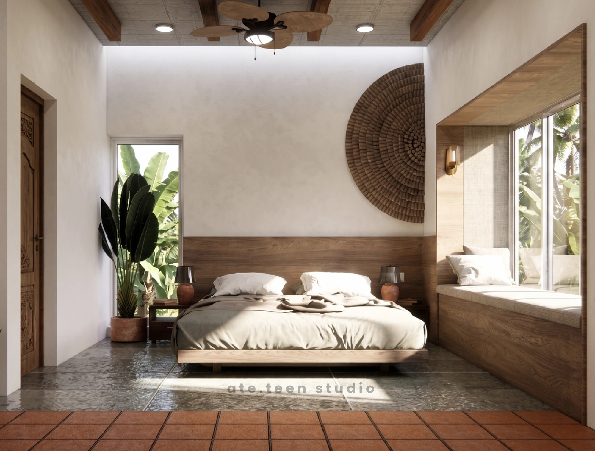 Monsoon Villa — Master bedroom with reclaimed teak headboard and rattan medallion