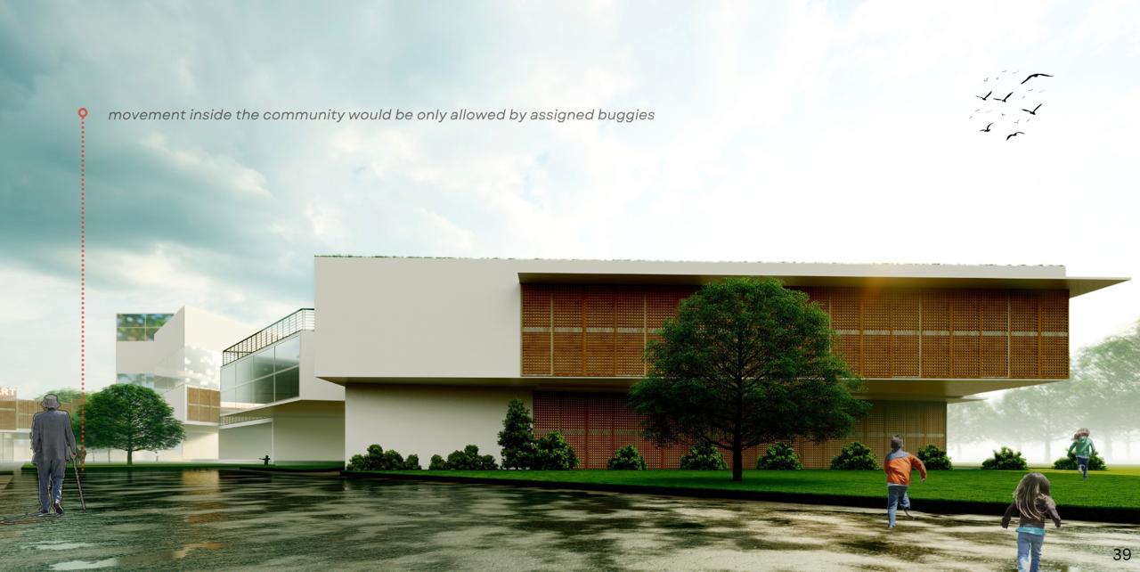 Golden Age Community — Movement inside the community is buggy-only, ground kept to pedestrians