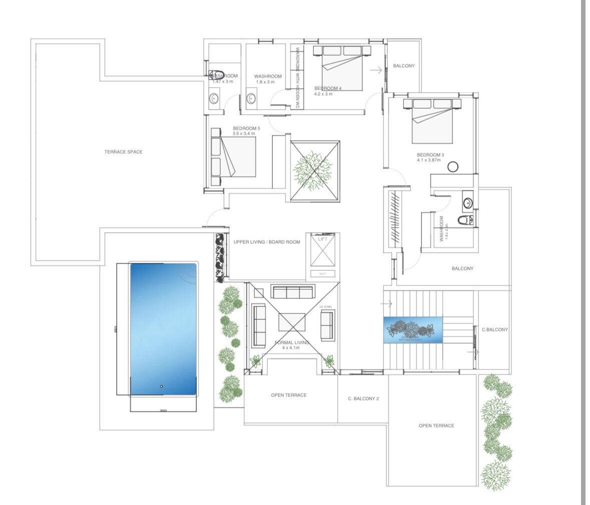 Monsoon Villa — Ground floor plan — entry, kitchens, master suite and courtyards