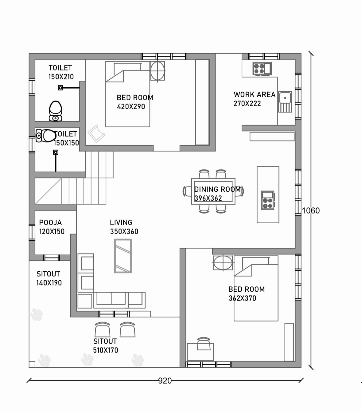 Residence Sakthikulangara — Ground floor plan — living, dining, kitchen, master bed and pooja