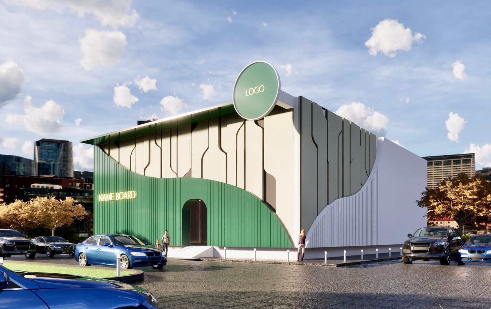 Posh Ceramics — Design concept — sculpted fin façade with signage medallion