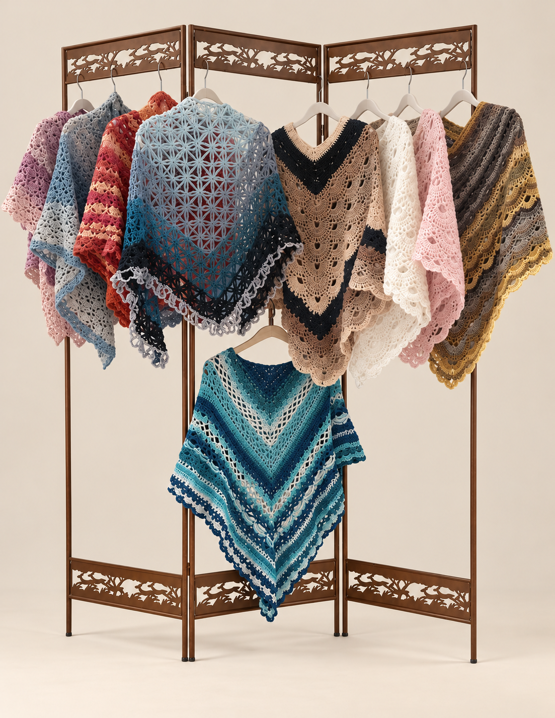 Châles crochetés sur un portant