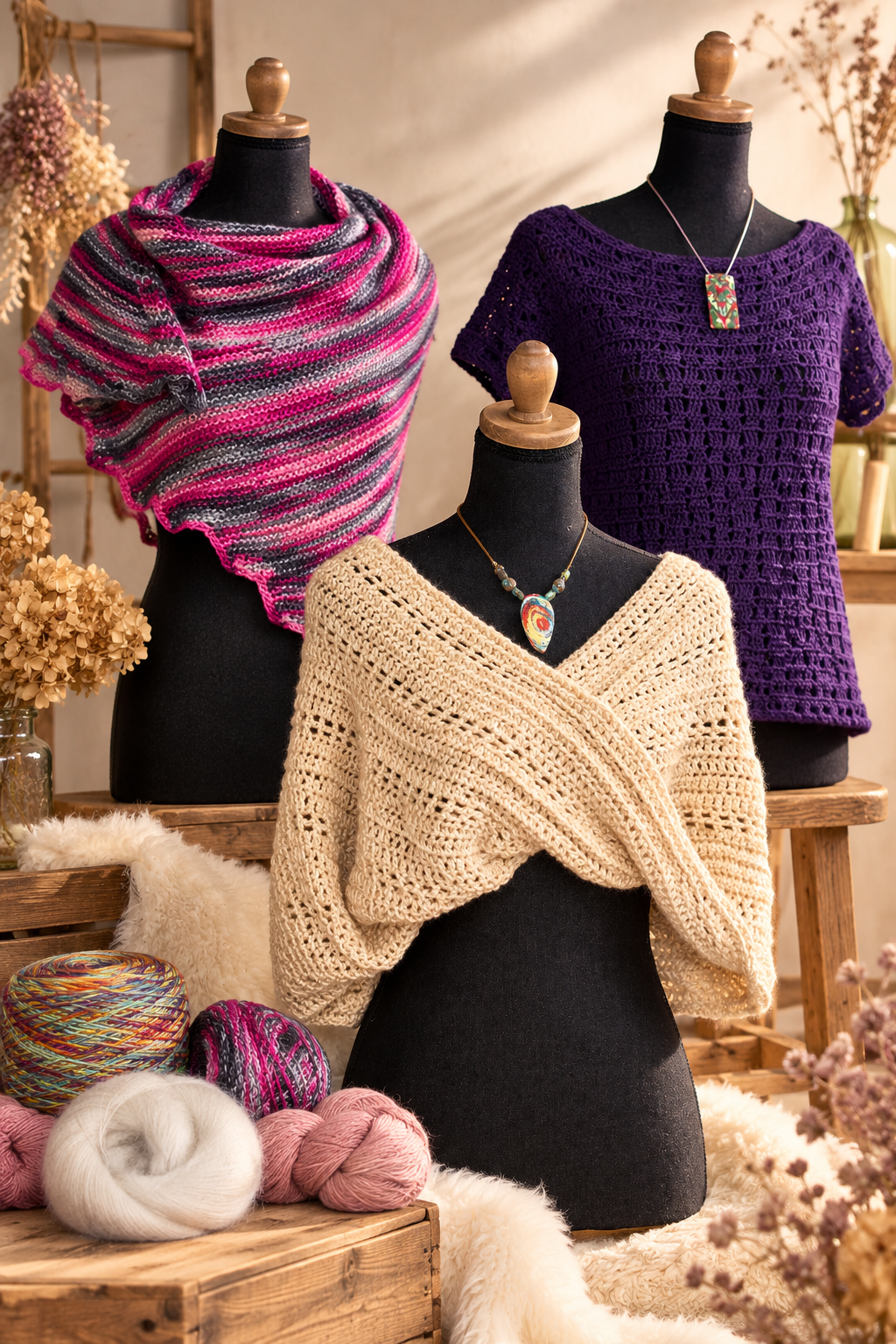 Vitrine bohème de tricots et crochets artisanaux