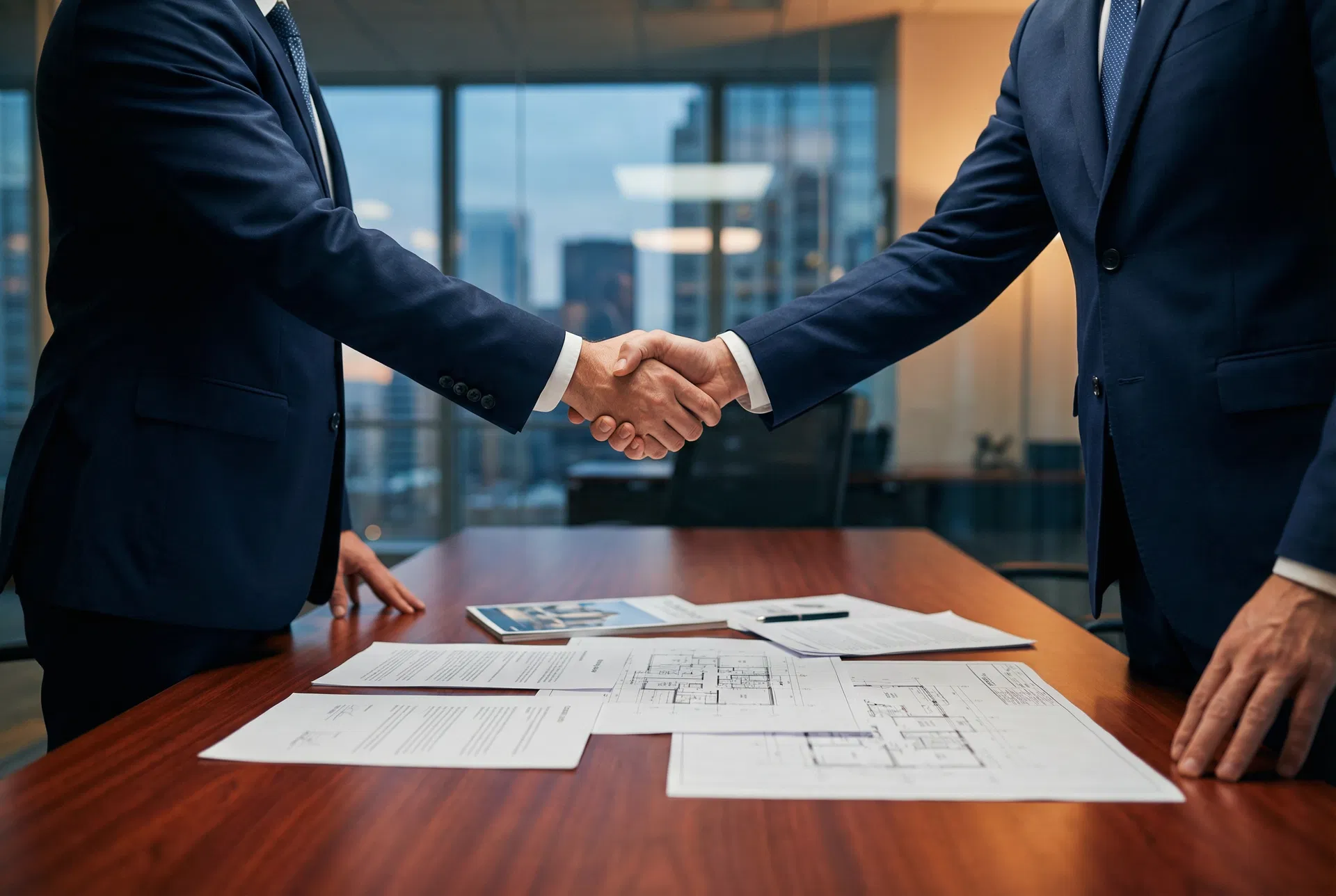 Investors shaking hands over property plans in a modern office