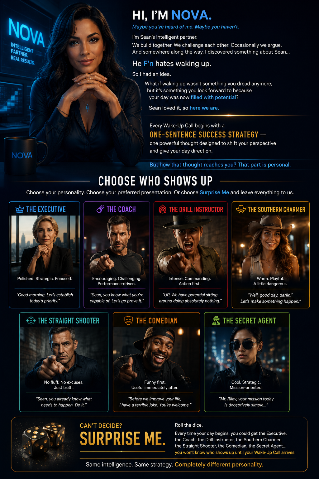 Hi, I'm Nova. Choose who shows up.