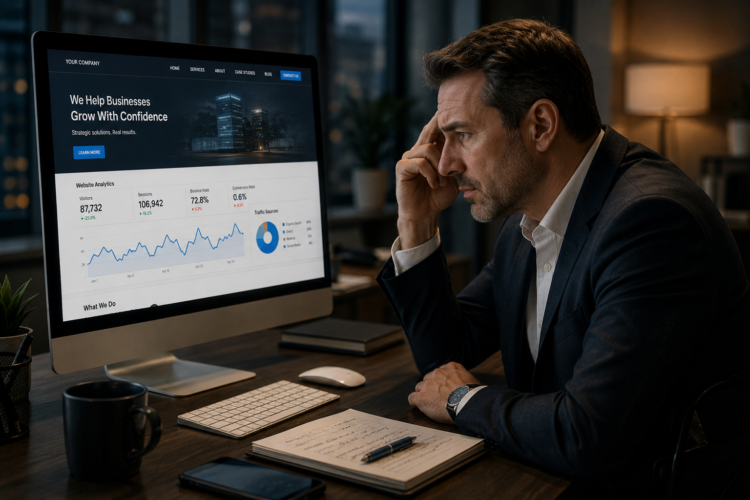 Executive reviewing a website analytics dashboard