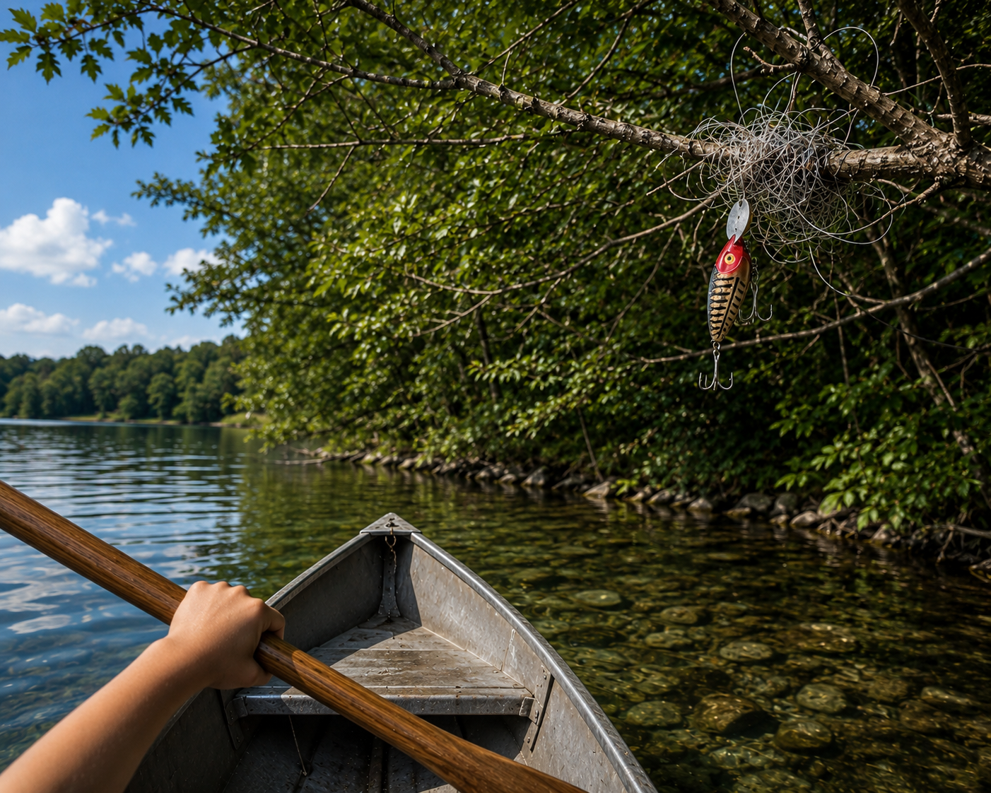 Jon boat approaching a fishing lure tangled in a tree
