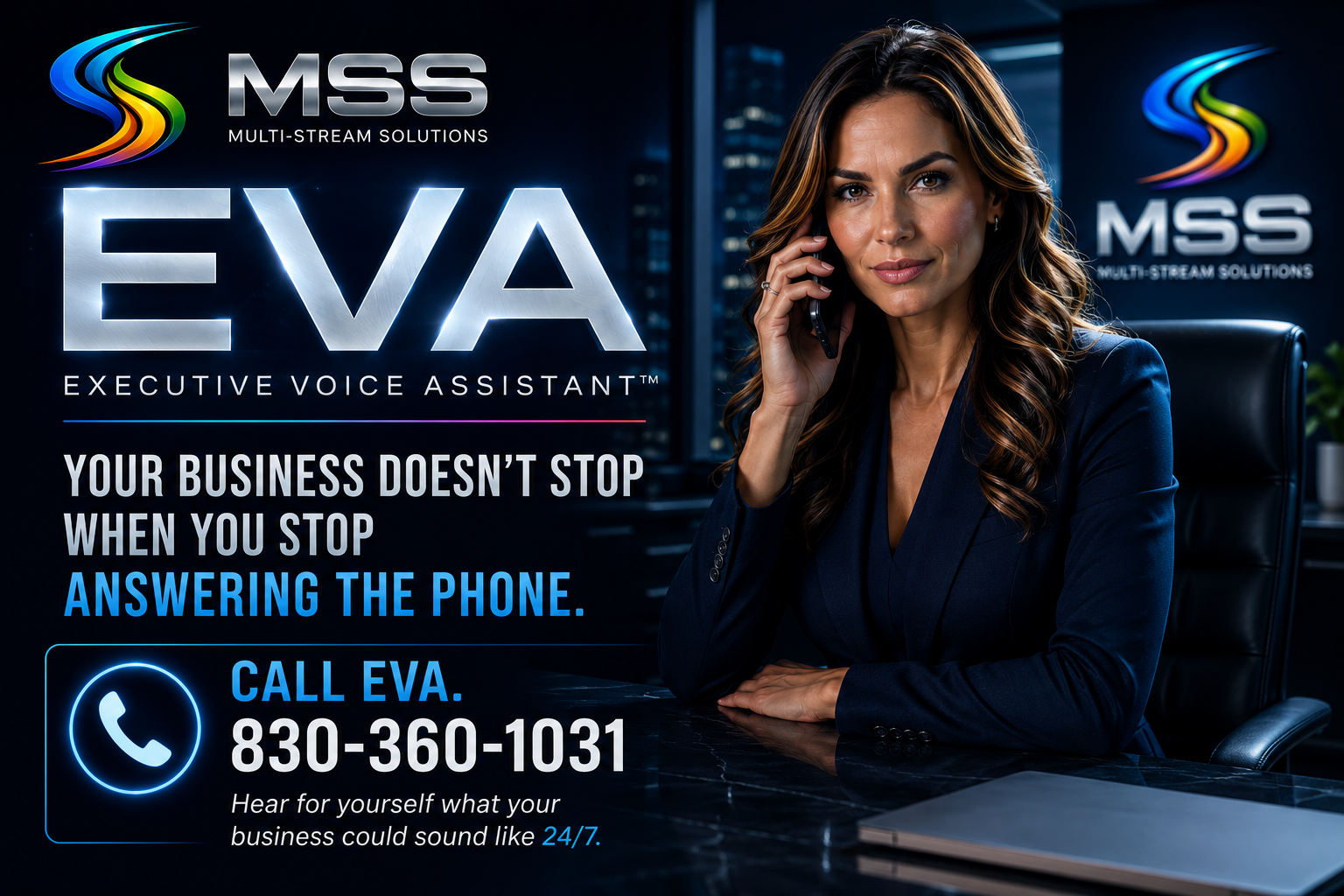 EVA — Executive Voice Assistant™ · Multi-Stream Solutions · Your business doesn't stop when you stop answering the phone · Call EVA at 830-360-1031