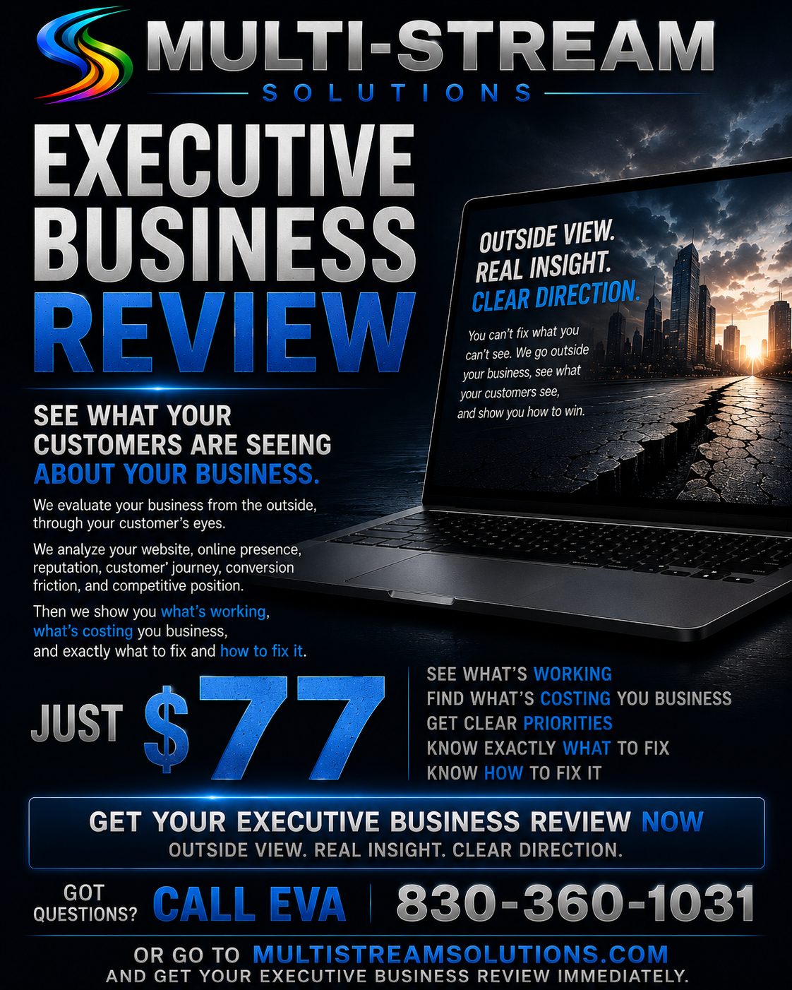 Multi-Stream Solutions Executive Business Review — Just $77. See your business through your customer's eyes. See what's working, find what's costing you business, get clear priorities, know exactly what to fix and how to fix it. Serving San Antonio, Texas. Call +1-830-360-1031.
