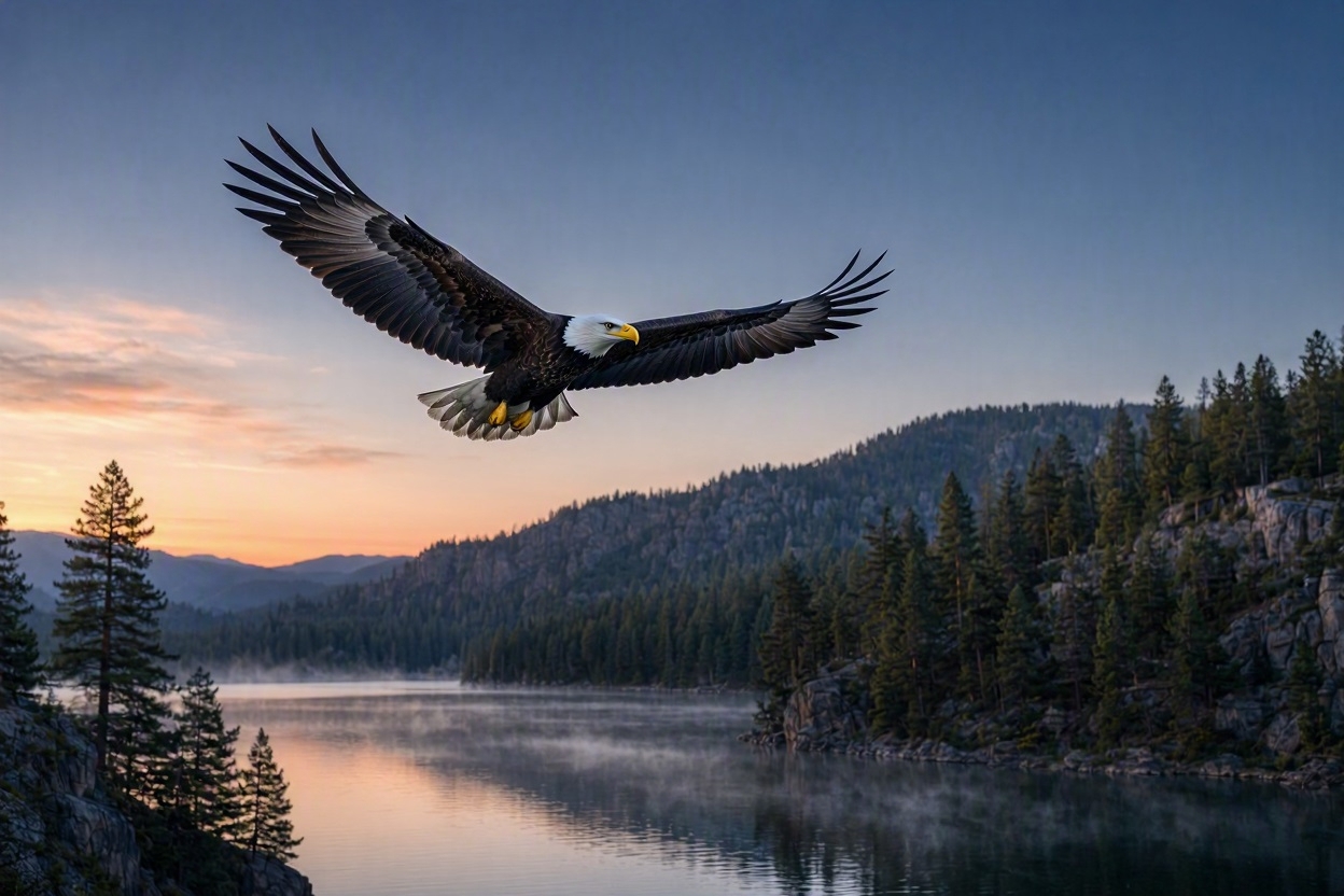 A bald eagle in flight at dawn — in memory of Jackie