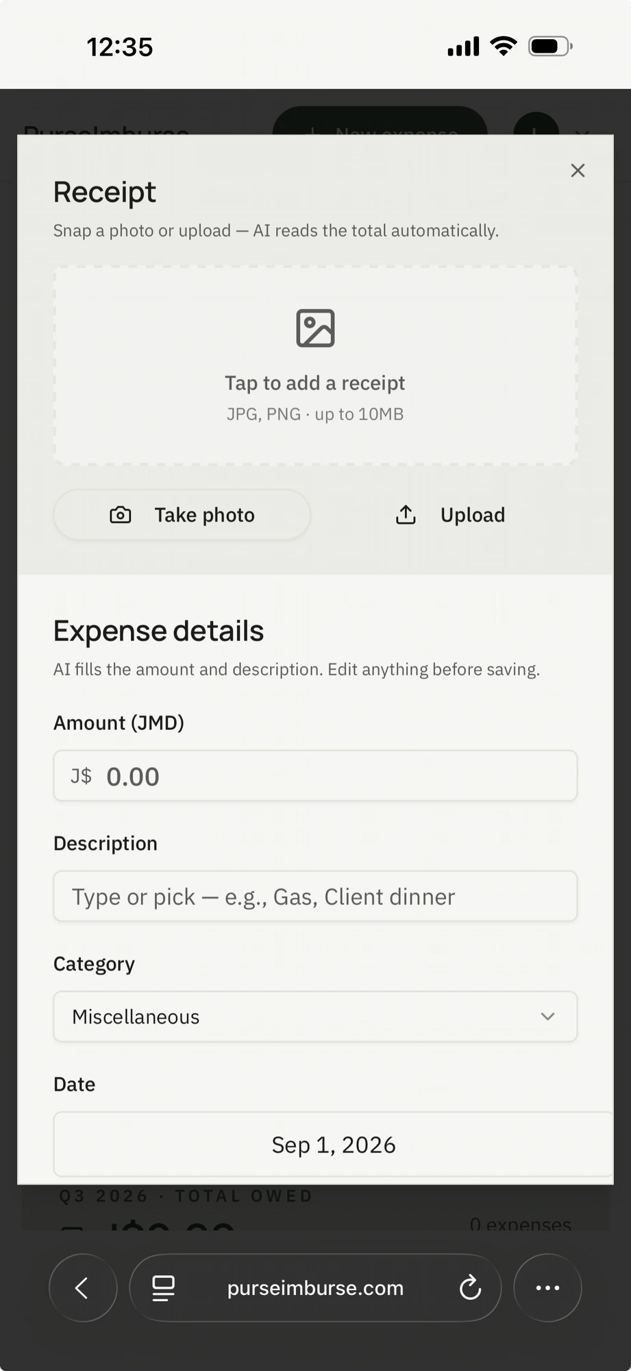 PurseImburse screenshot 1: AI Expense Tracker