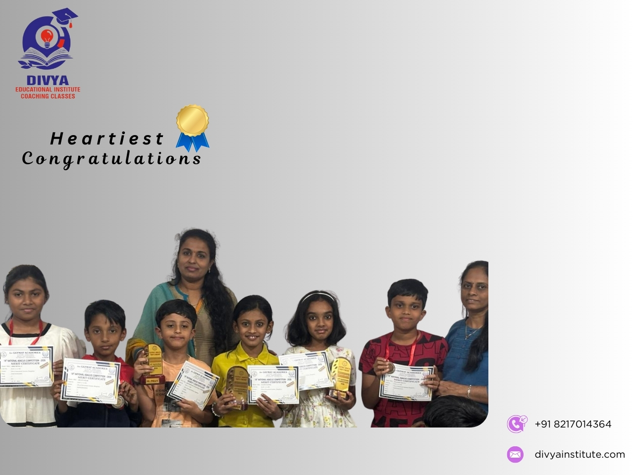 Students of Divya Educational Institute with their abacus competition certificates in class