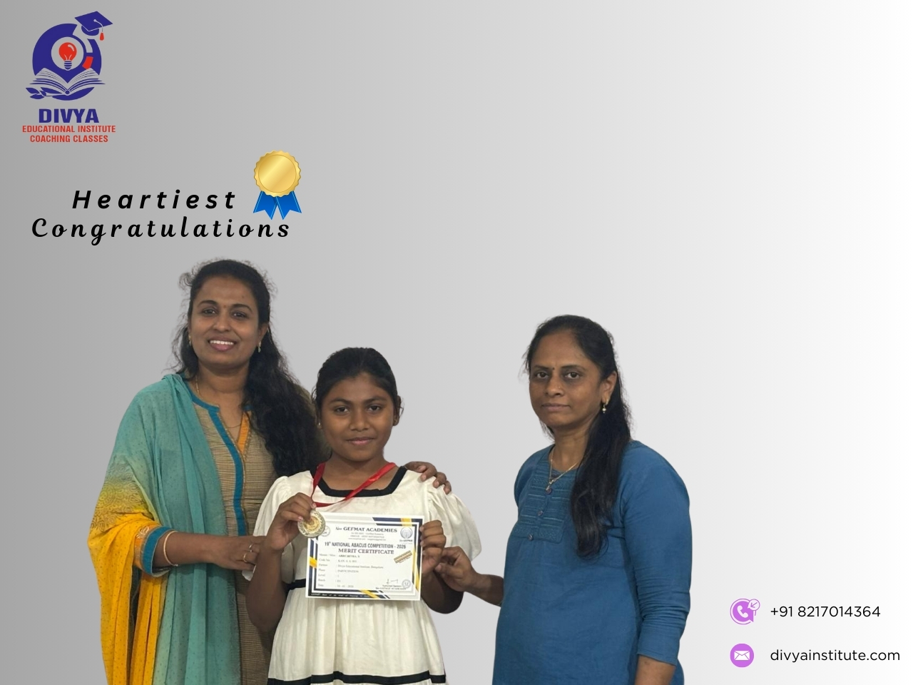 Divya Educational Institute students holding their National Abacus Competition merit certificates and trophies