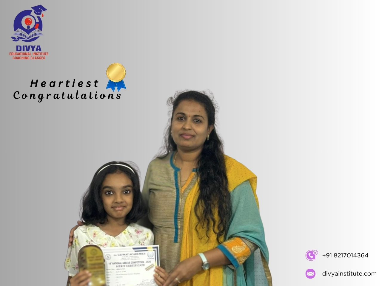 A Divya Educational Institute student receiving her Merit Certificate at the National Abacus Competition