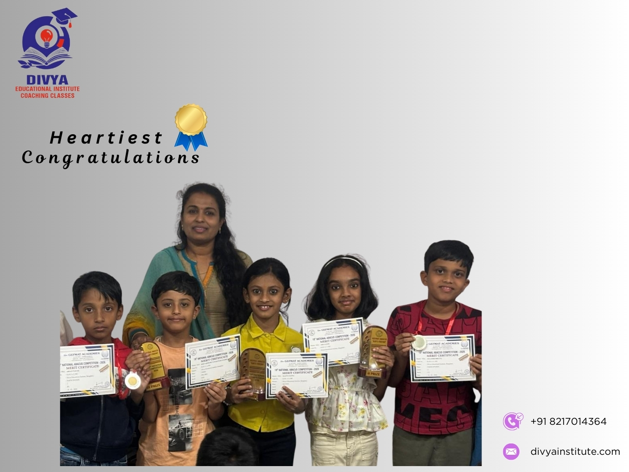 Students of Divya Educational Institute holding their GEFMAT Academies merit certificates