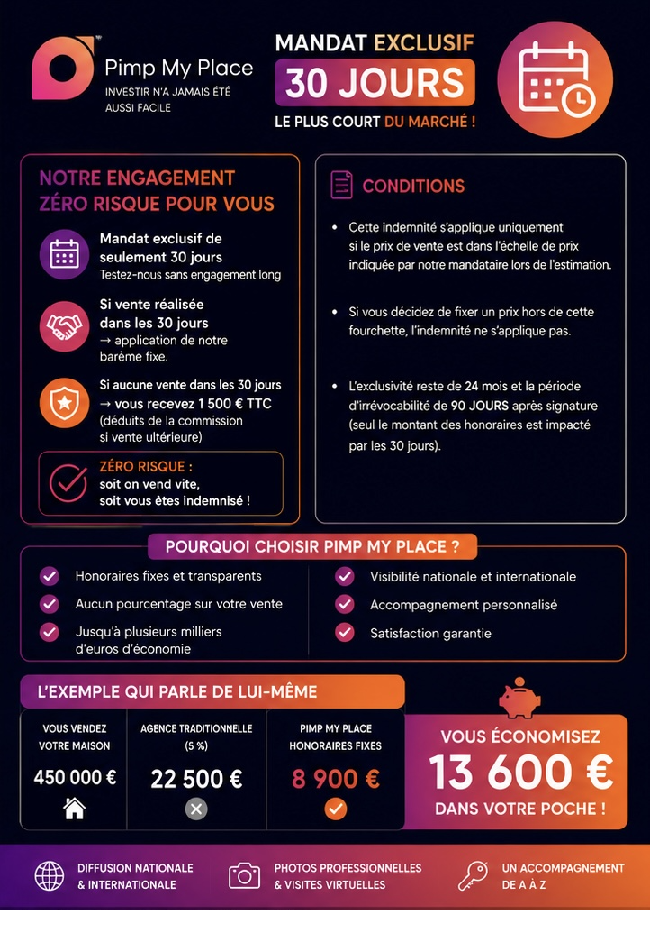 Mandat exclusif 30 jours, engagement zéro risque et honoraires fixes Pimp My Place