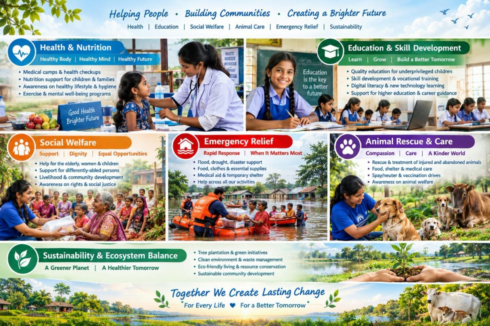 DEF Focus Areas - Health, Education, Social Welfare, Emergency Relief, Animal Care, Sustainability