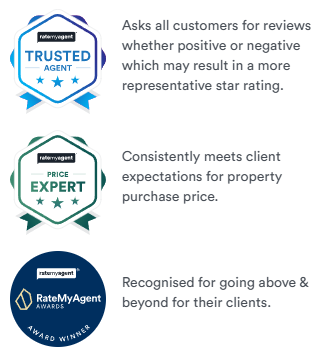 Komal Ahuja's RateMyAgent badges: Trusted Agent, Price Expert, and RateMyAgent Award Winner.