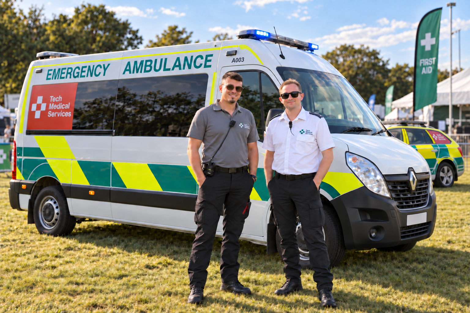 Tech Medical Services paramedic and clinician in white and grey uniforms beside an emergency ambulance at an outdoor event