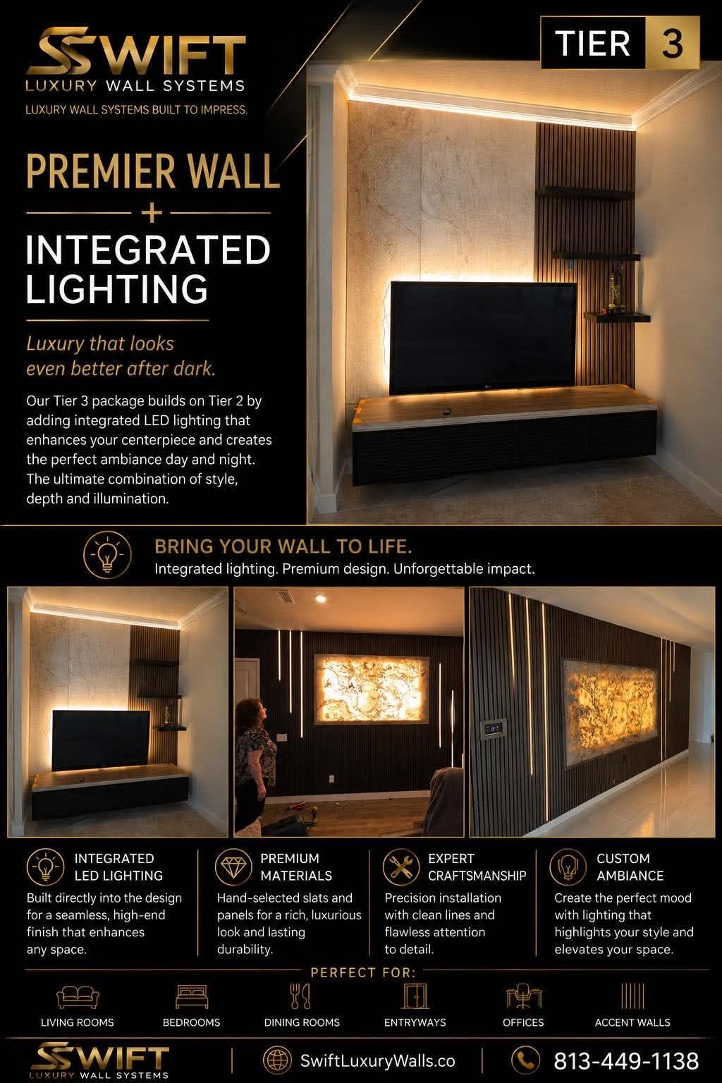 Tier 3 — Premier Wall + Integrated Lighting · four project photos and wall showcase