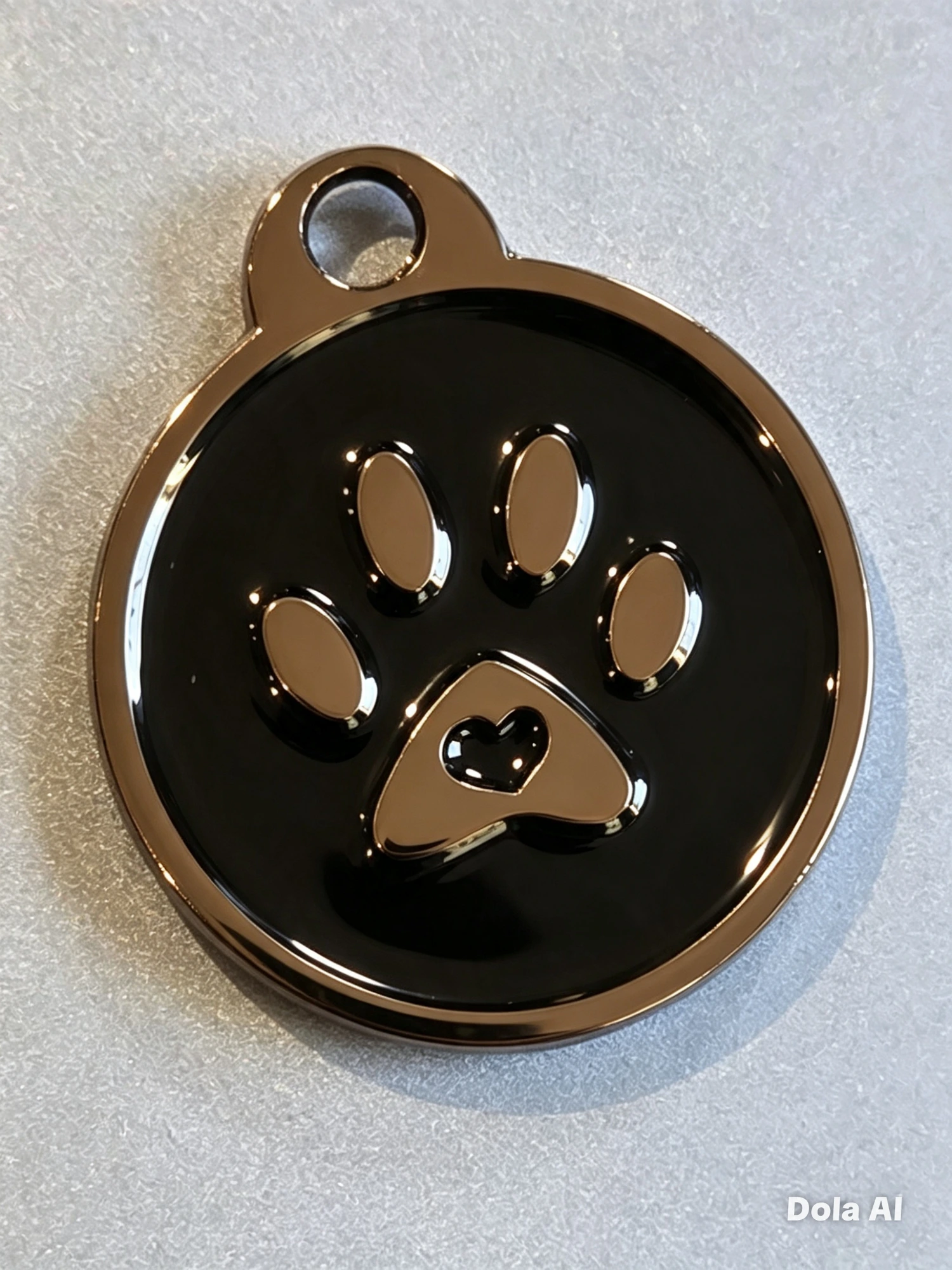 SaferPaws polished metal pet tag with paw and heart emblem