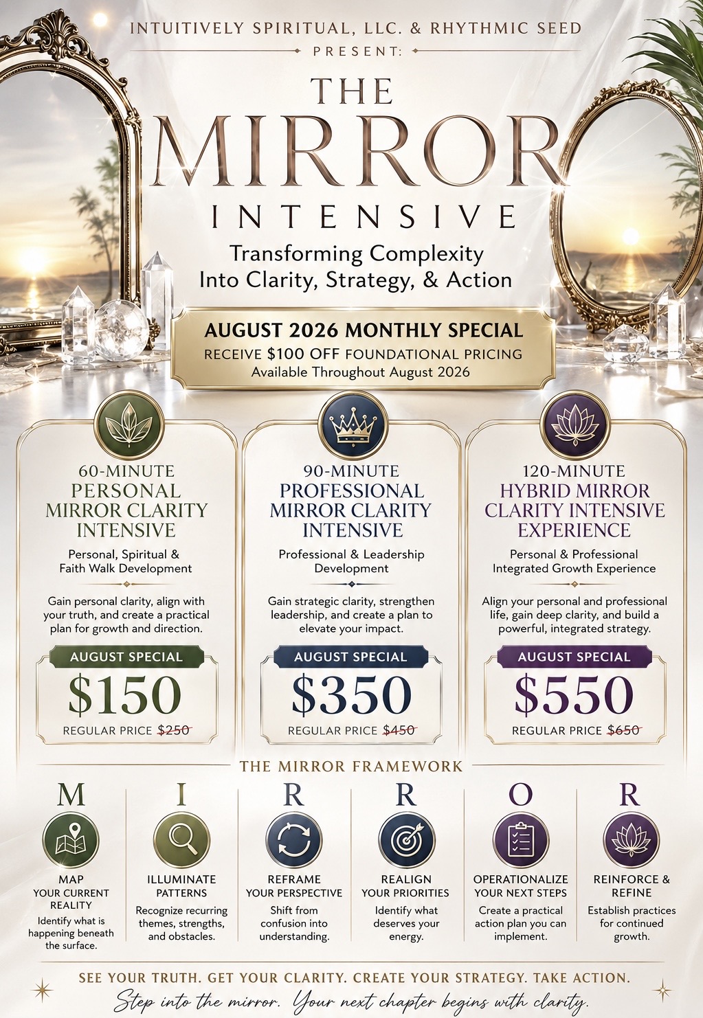 August 2026 M.I.R.R.O.R. Clarity Intensive special - $100 off foundational pricing across three private session formats