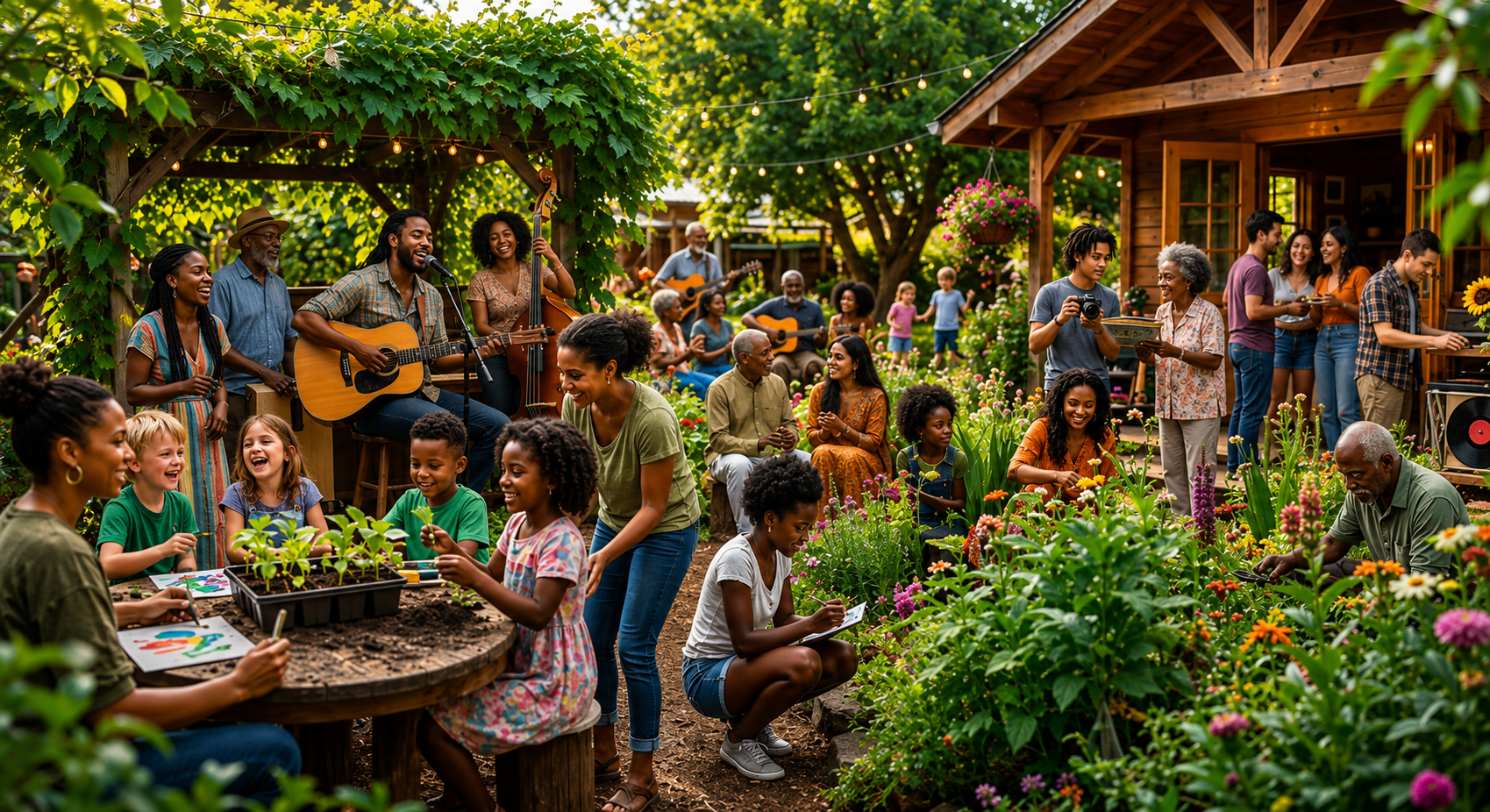 The Rhythmic Seed community gathered in the garden - music, art, cultivation, and connection across generations