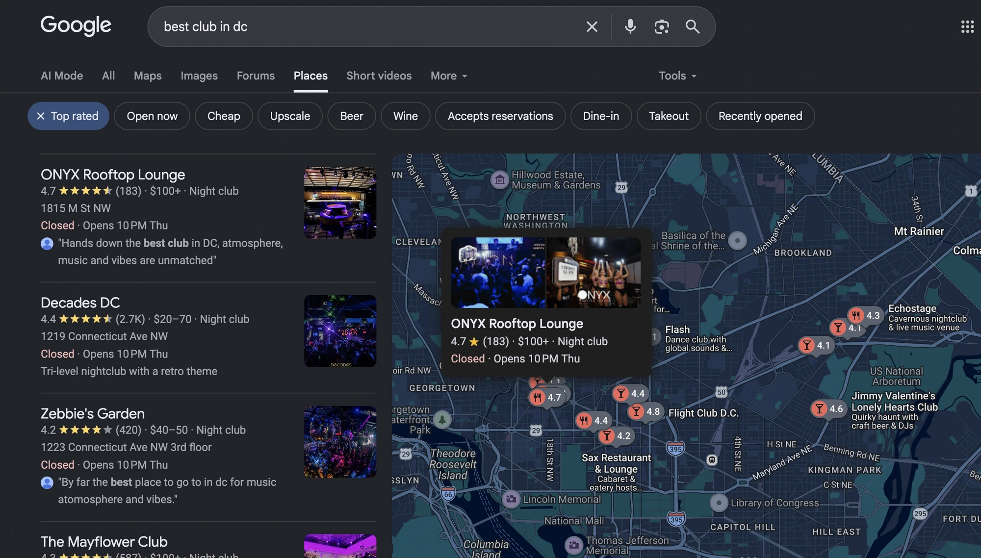 Google Maps results for "best club in dc" showing ONYX Rooftop Lounge