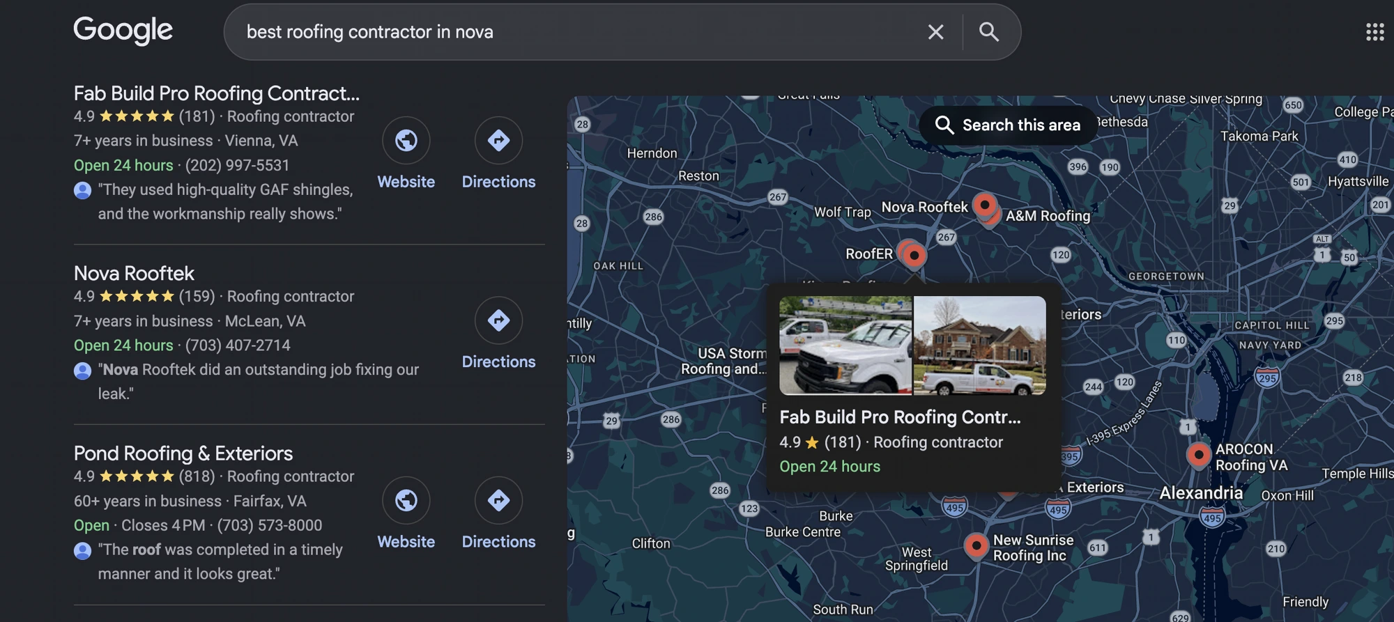 Google Maps results for "best roofing contractor in nova" showing Fab Build Pro Roofing Contractors