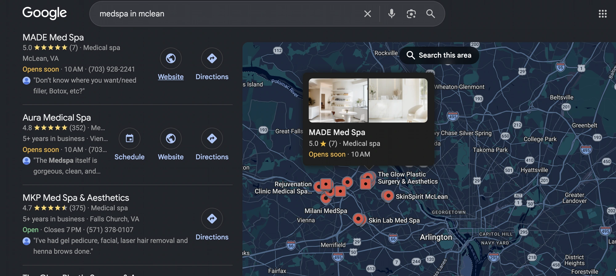 Google Maps results for "medspa in mclean" showing MADE Med Spa
