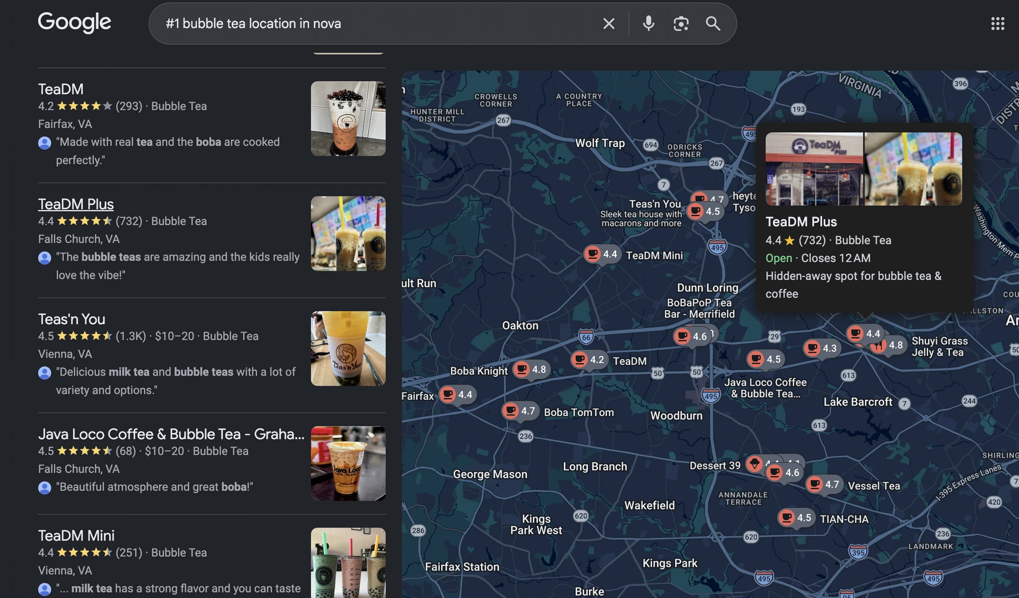 Google Maps results for "#1 bubble tea location in nova" showing TeaDM Bubble Tea