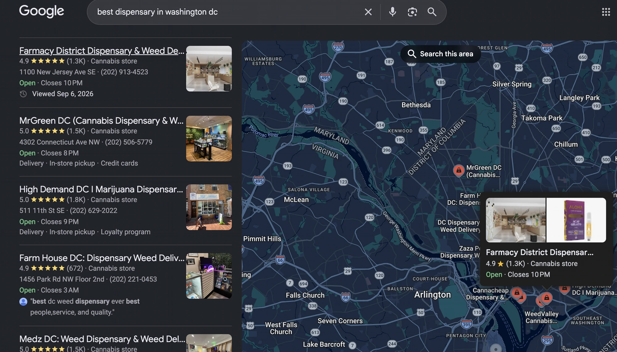 Google Maps results for "best dispensary in washington dc" showing Farmacy District Dispensary