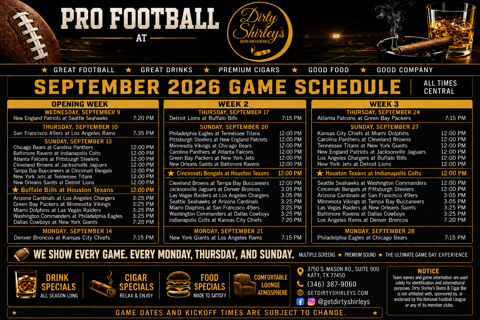 Dirty Shirley's monthly football game schedule